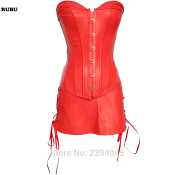 

Women Corset Set Faux Leather Strapless Corselet Top and Adjustable Fitted Miniskirt with Thong Hot Clubwear Size From S to 6XL
