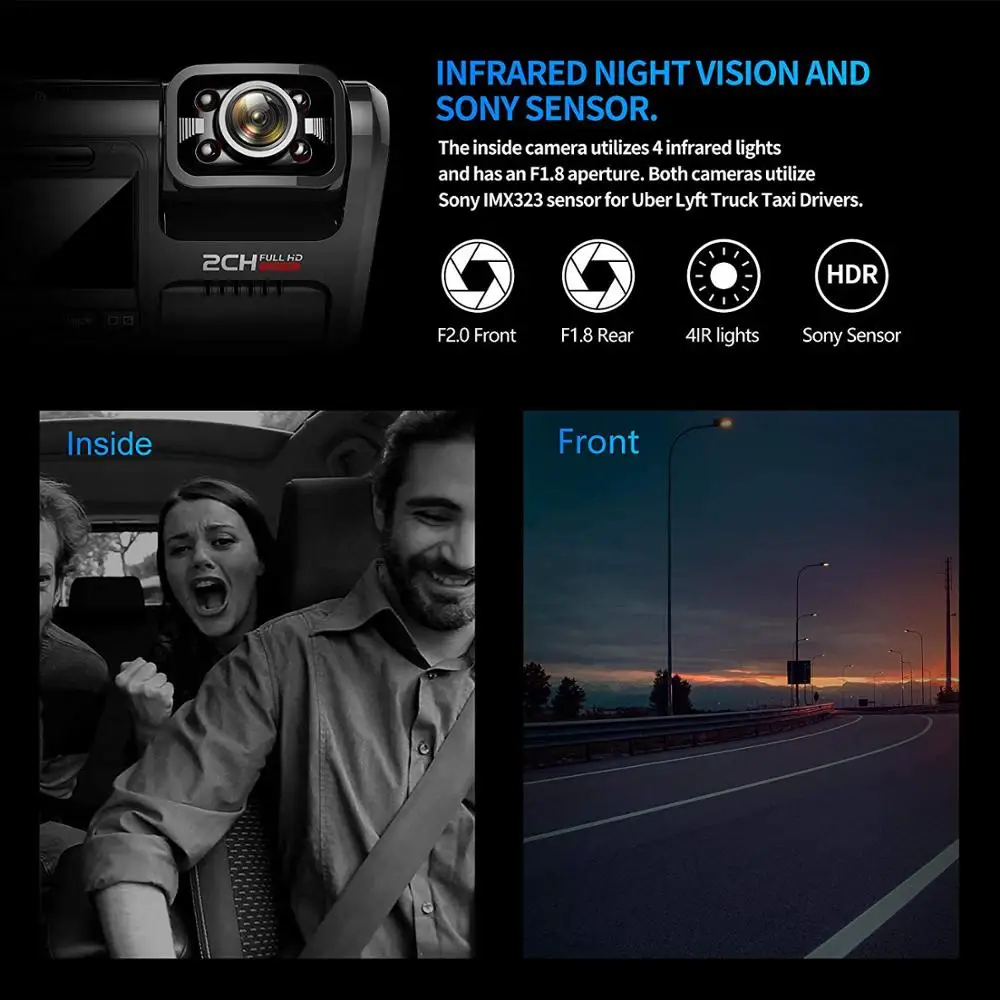  Pruveeo D30H 4K WiFi Dash Cam with Infrared Night Vision Dual 1080P Front and Inside car dvr for Ca