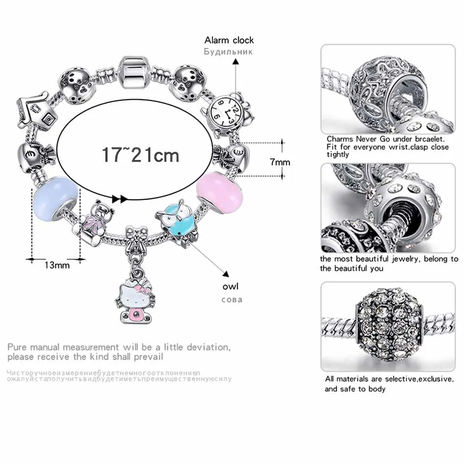 ELESHE Dropshipping Kitty Cat Charm Bracelet With Pink Marano Glass Crystal Beads Fit Original Bracelet For Women Kids Gift