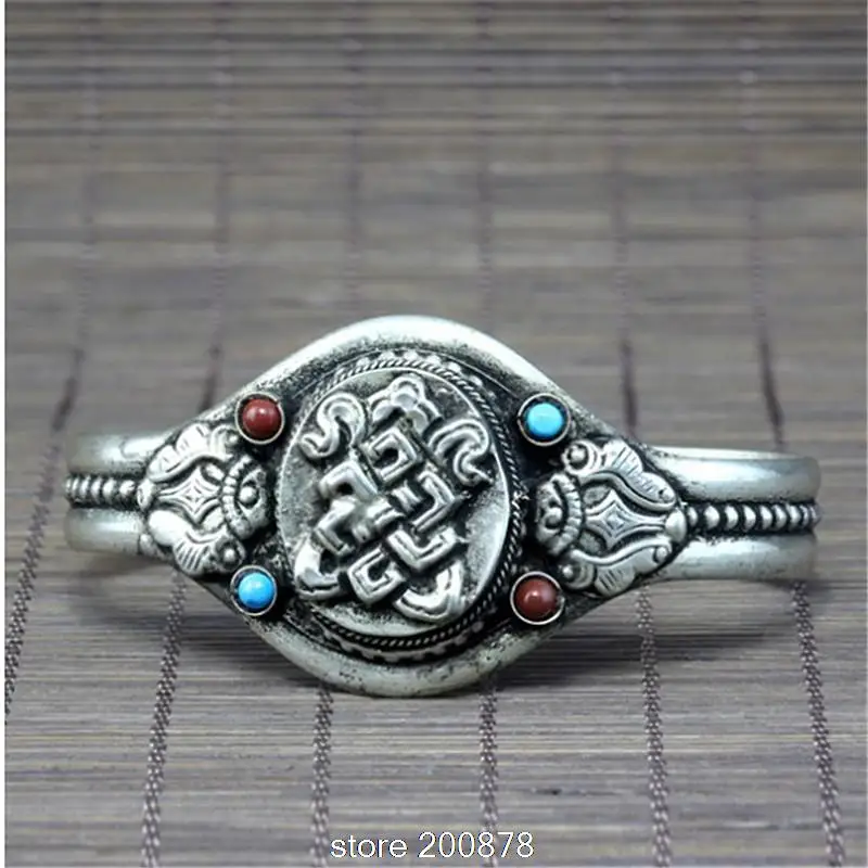 

BB-060 Tibet White Metal Copper Antiqued Silver Amulet open cuff bangle,Tibetan Endless Knots Mantras Bracelet