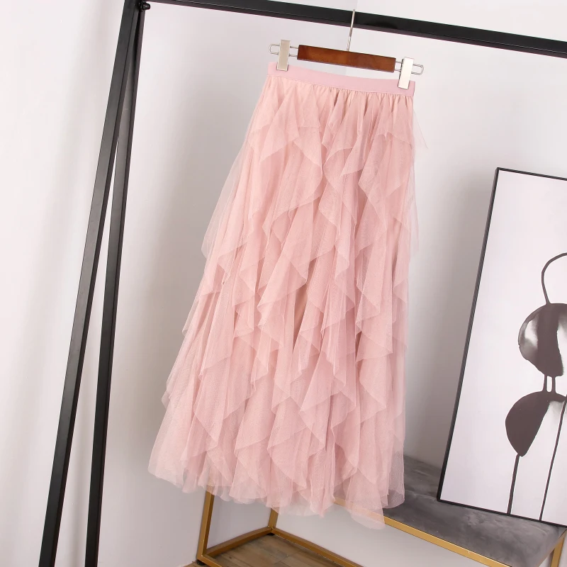 

2019 Fashion Tutu Femme Tulle Skirt Women Pleated Skirt Spring Summer Long Maxi Skirt Black Pink High Waist Pleated Skirt Female