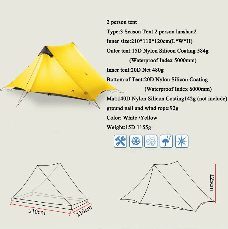 Новый 3F 2 человека 3 сезона 15D нейлоновое силиконовое покрытие Сверхлегкий Высококачественный водонепроницаемый палатка