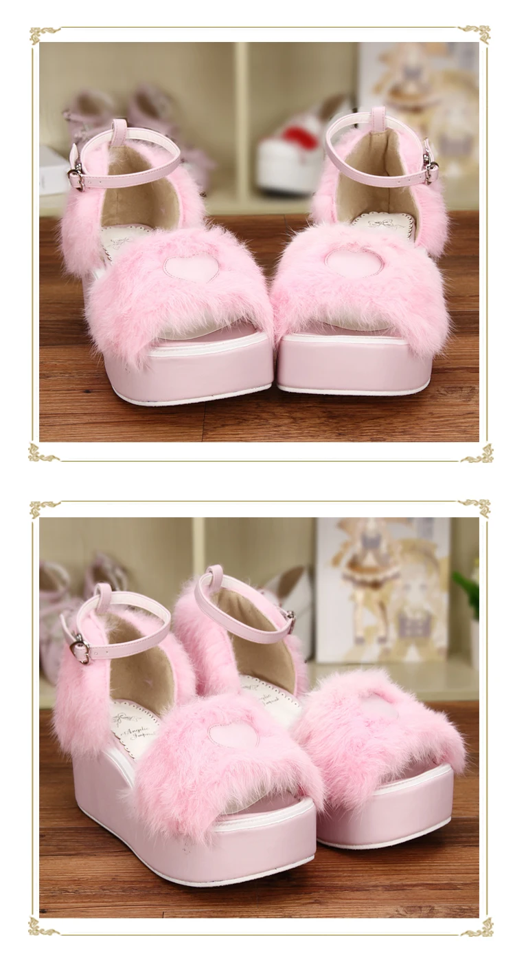 Милые розовые меховые босоножки на танкетке и платформе; сандалии в стиле Лолиты для девочек; Летняя обувь