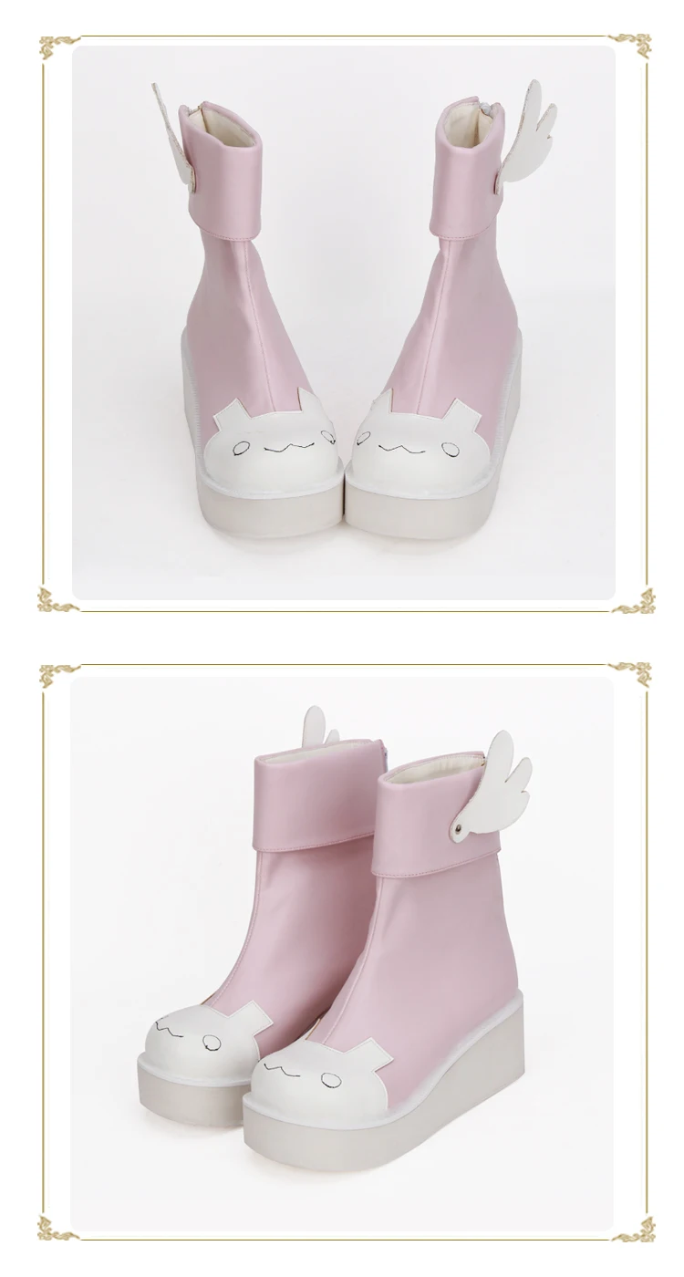 Милые сапоги розового и белого цвета, с анималистическим принтом, для девочек; красивые кожаные сапоги Лолиты для костюмированной вечеринки; ботинки на платформе, с крыльями