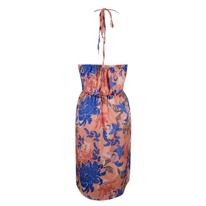 New Women Summer Sexy Sleeveless Halter Neck Floral Print Casual Mini Dress Elegant Lady Vintage Casual Party Dress #4R14 (14)