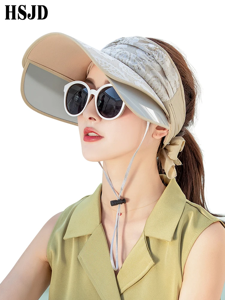 

2019 New Summer Women Retro Lace Sun Hats Retractable Brim Empty Top Lace Sunshade Hat Visor Caps Large Brim Beach Female Cap
