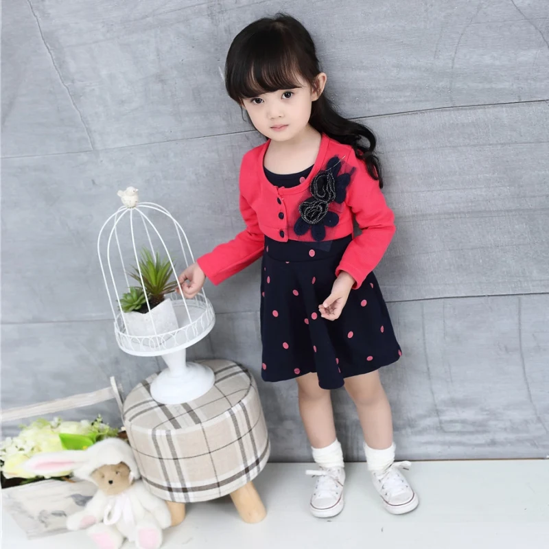 

2018 Kids Baby Princess Dress Girl Floral Long Sleeve Fake Two Piece Dots Cotton Dress 2-4Y High Quality New