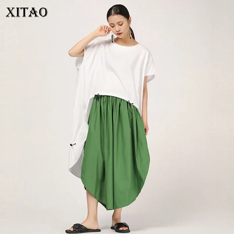 

[XITAO] New Women Korea Fashion 2019 Summer O-neck Short Sleeve Loose Shirt Female Solid Color Long Irregular Blouse ZLL3677