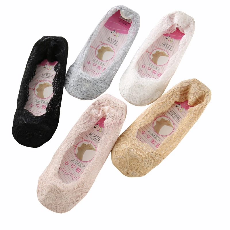 

5 Pairs/Lot Women's Invisible Socks Slippers Summer Lace Short Ankle Anti-skid Lady's Boat Socks Low Cut Socks Women
