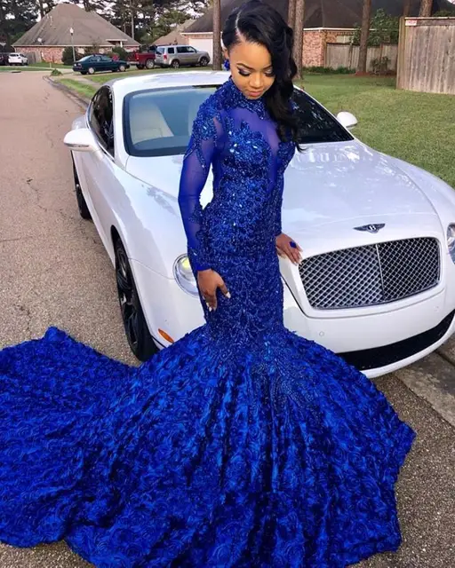 Real Pictures Royal Blue Mermaid Prom Dresses 2020 High Neck Long Sleeve  Appliques Winter Formal Dress Evening Party Gowns Women - Prom Dresses -  AliExpress