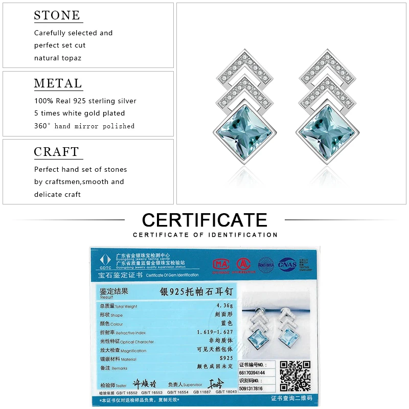 EDI роскошный 2ct натуральный, небесно-синий топаз стерлингового серебра 925 Висячие серьги для женщин ювелирные украшения