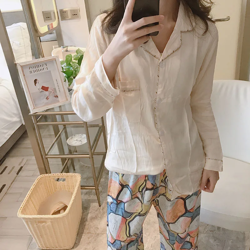 

2019 Spring New Women Pajamas Set Shirt+Pants Simple Style Turn-down-collar Ladies Sleepwear Set Painted Comfort Home Wear Set
