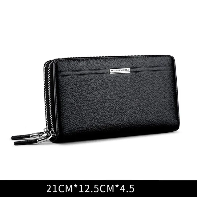 WILLIAMPOLO Leather Vintage Solid Clutch Bag Phone and Card Brand Mens Wallet Double Zipper Genuine Leather Handy Bag Purse - Цвет: black small