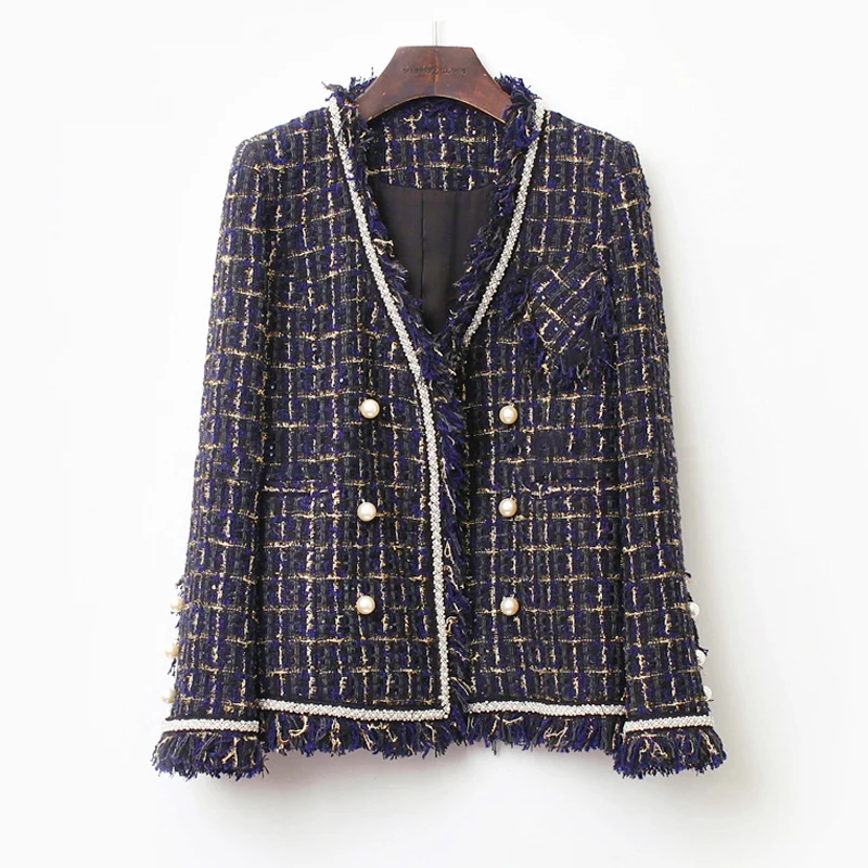 

Tweed Jacket pearl buckle Dark Double-breasted blue Plaid 2019 Fall/Winter Ladies Coat Wire flash Fabric Burst Lady Jacket