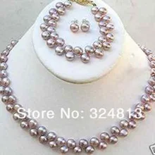 Натуральные наборы 7-8 мм натуральный фиолетовый выращенных жемчужин Akoya ожерелье браслет серьги#1393