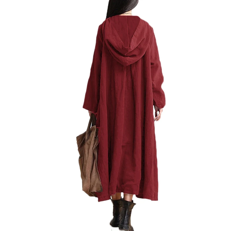 2019 весенне-осеннее хлопковое льняное платье женское винтажное Макси длинное платье длинный рукав женский свободный пуловер с капюшоном