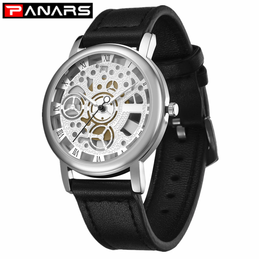 

PANARS 2019 Men Watches Luxury Gold Quartz Watch Leather Band Glass Transparent Case Unique Hollow Out Casual Wristwatch for Men