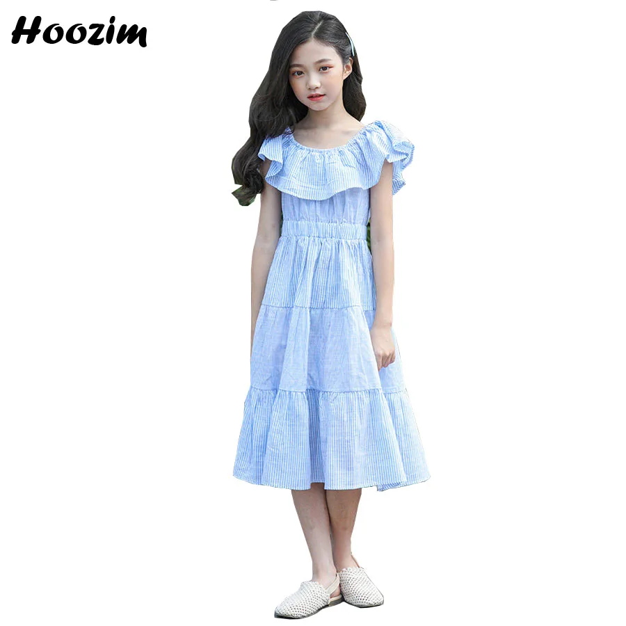 

Summer Cotton Beach Dong Dress For Girls 9 10 11 12 13 14 Age Casual Blue Ruffle Striped Dresses Children Teenage Girls clothes