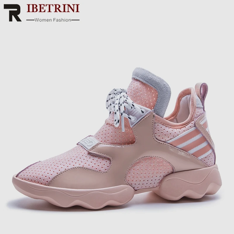 

RIBETRINI 2019 New Brand Design Summer Mesh Sneakers Genuine Leather Large Size 34-42 Women Platform Shoes Woman