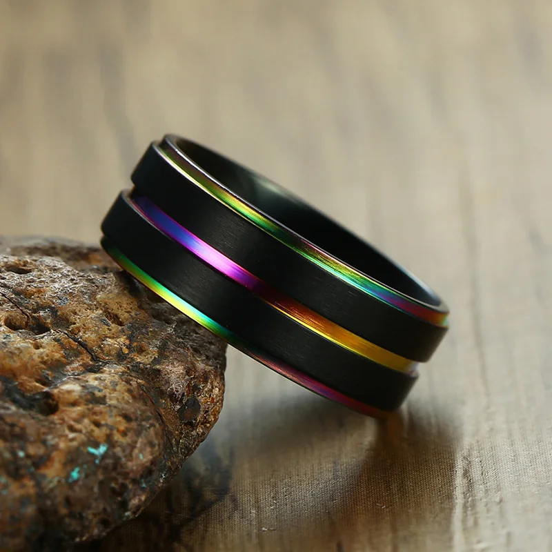 NEWBUY Cool Thin Rainbow Line Wedding Rings for Men 8MM Black Stainless Steel Boy Anel Masculino Matte Finished Accessories