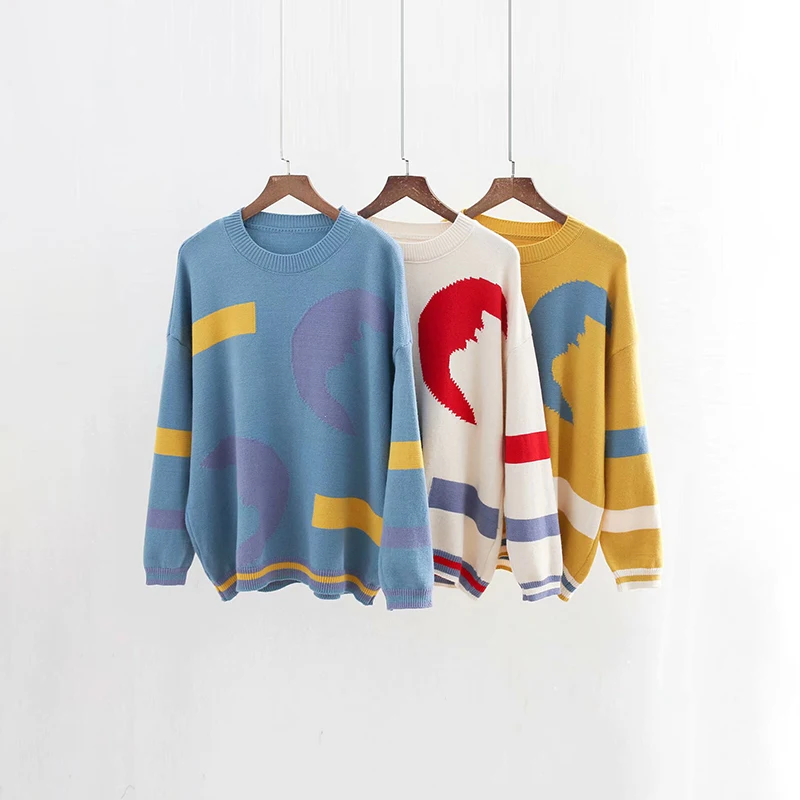 

Women Fashion Blue Splice Print Sweater 2018 Autumn Winter Long Sleeve Pullover Colorful O-neck Knitted Jumpers pull hiver femme