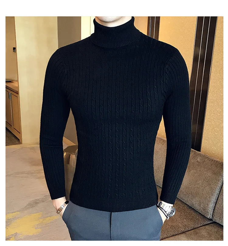 Тенденции моды с длинными рукавами и высоким воротником тонкий Повседневное одноцветное Цвет свитер Для мужчин пуловер свитер 2018 Новая