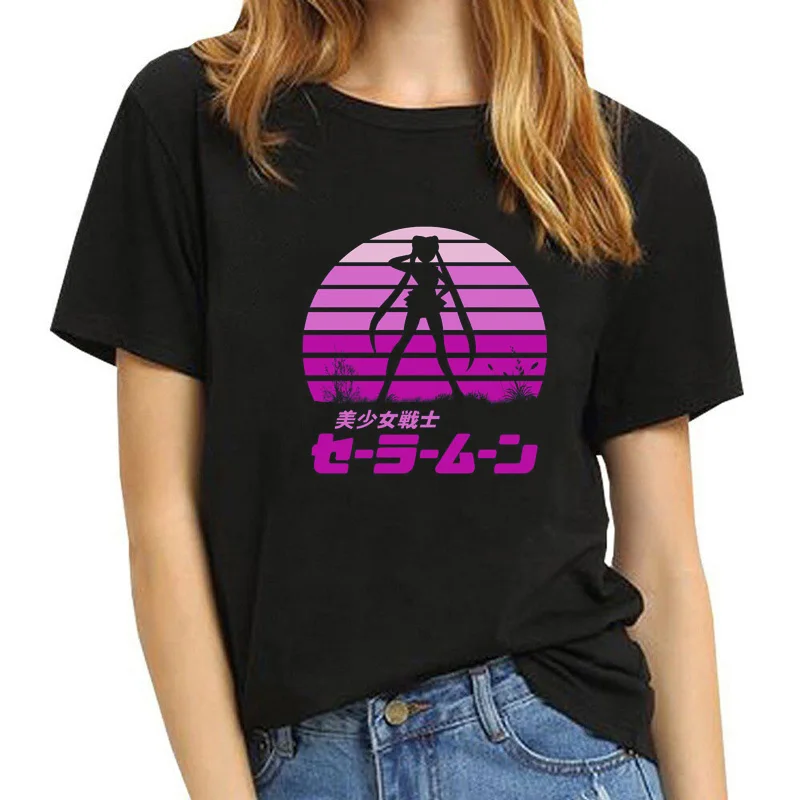 Сейлор Мун футболки летняя мода Kawaii Женская Черная Футболка Harajuku с коротким