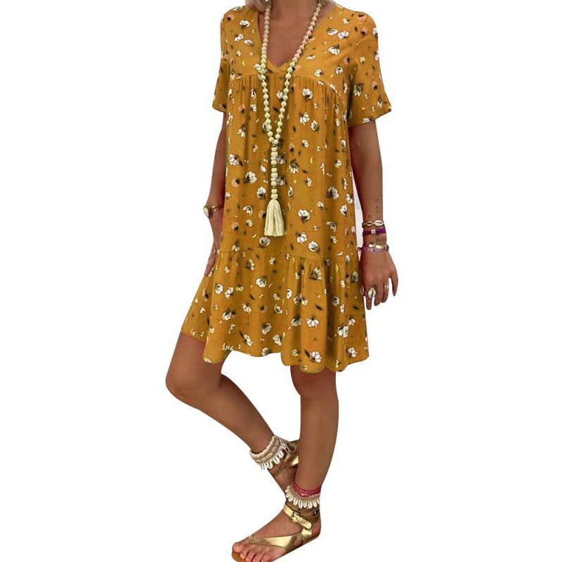 

Women's Boho dress Printed V-neck Short-sleeved T-shirt Dress Casual Loose mini lady sea Beach holiday vacation floral dresses