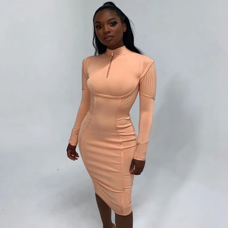 

China Women Dresses 2019 Orange Midi Vestidos Bandage Fashion Solid Long Sleeve High Turtleneck Sexy Bodycon Party Dress