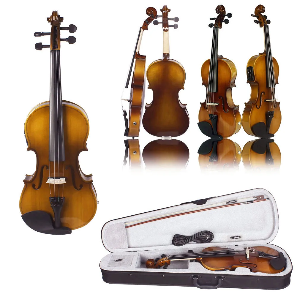 

4/4 Full Size Acoustic EQ Electric Violin Fiddle Kit Solid Wood Spruce Face Board with Extra Strings Clean Cloth Retro Sunset