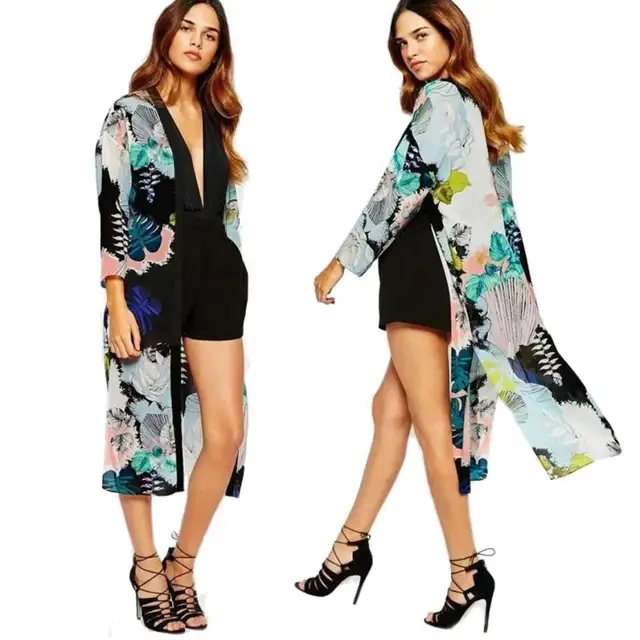 2019 New Fashion Women Boho Printed Chiffon Shawl Long Kimono Cardigan Tops Cover up Blouse coat female Hot