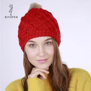 

RITOPER 2018 Winter 100% Hand Made Knitting Beanies Cap Double layer Women Warm Fashion Rabbit Hair Pompom Scalloped pattern.
