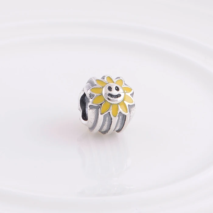 DY033 925 Sterling Silver Sunflower Smiling Face Loose Slider Charm