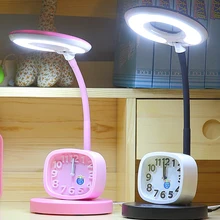 Мультяшный будильник, светодиодная настольная лампа, милая, милая, для защиты глаз, для детей, для учебы, лампа для чтения, регулируемая, Затемняющая, светодиодная настольная лампа для g