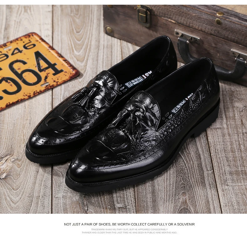 Men's Casual Wedding Dress Shoes Crocodile Leather Brogue Shoes Men Tassels Oxfords Shoes Slip-on Leather Penny Loafers Shoes (8)