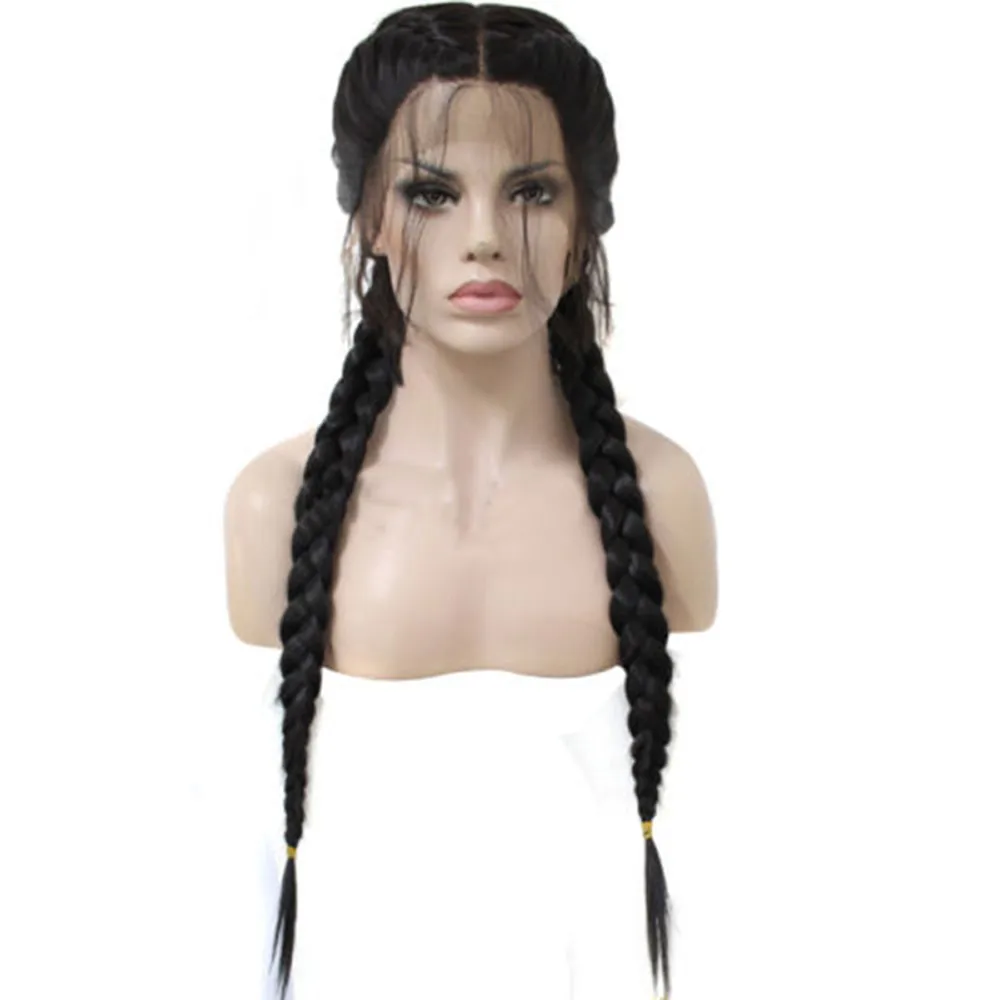 

New Synthetic Baby Hair Braided Double Lace Front Wig Long Black Ombre Black Wigs 0718