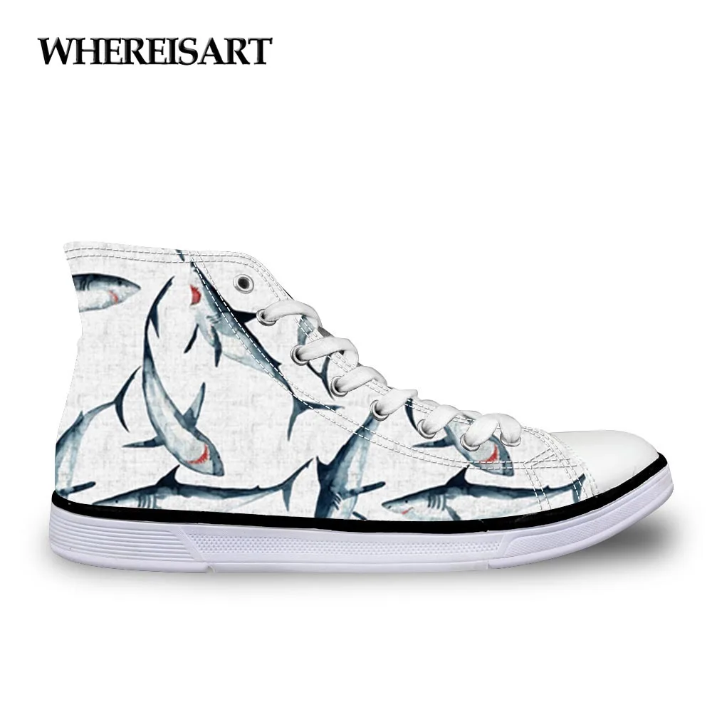 WHEREISART Shark Printing Shoes Women Vulcanize Shoes High Top Canvas Student Shoes Woman Lace Up Casual Shoes Sapato Feminino