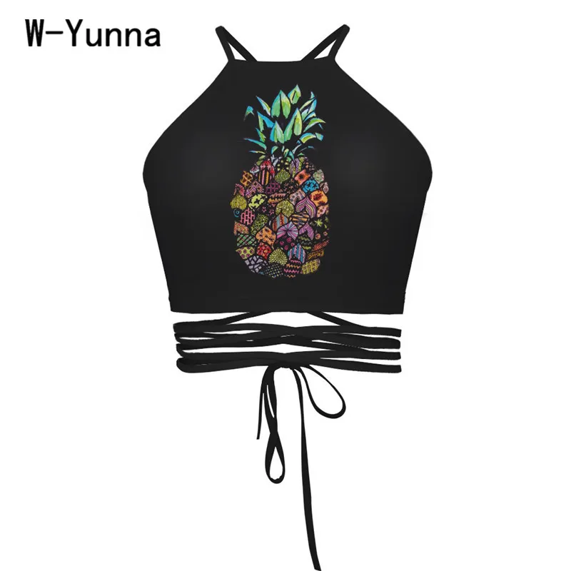 W-Yunna черный топ с 3d принтом ананаса женский сексуальный на бретелях модный