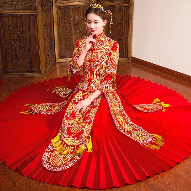 Elegant Bride Pleated Dress Gold Tassels Vintage Women Embroidery