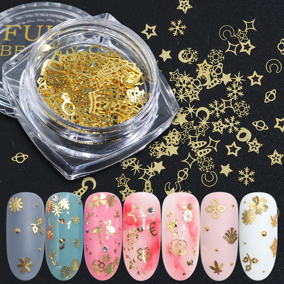 1 коробка, пустотелая рамка для ногтей, блестящие хлопья, ультратонкие 3D украшения для ногтей, золотые блестки, фламинго, цветок, оболочка, аксессуары для ногтей, JI970