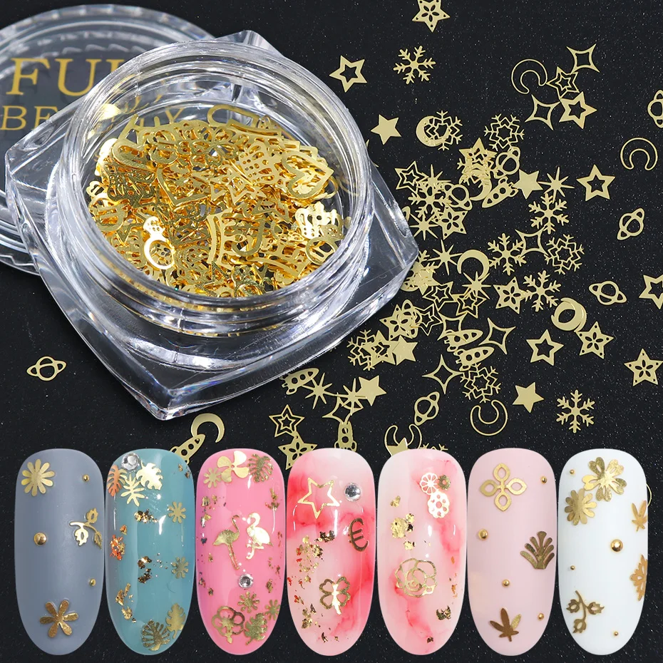 

1Box Hollow Frame Nail Glitter Flakes Ultrathin 3D Nail Art Decoration Gold Sequins Flamingo Flower Shell Nail Accessories JI970
