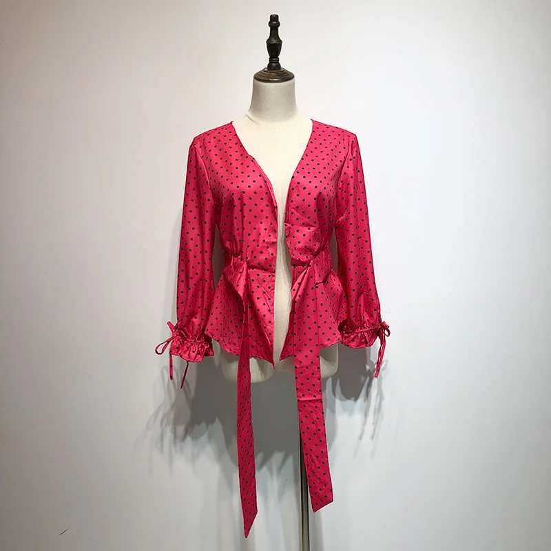 Sexy deep v-neck lace up party lady blouse bodycon short shirt long petal sleeve dot printed chiffon shirt blusa feminina Tops Sexy deep v-neck lace up party lady blouse bodycon short shirt long petal sleeve dot printed chiffon shirt blusa feminina Tops