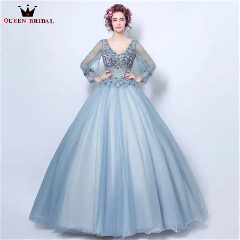 

Blue Luxury Evening Dresses 2019 Fashion Ball Gown Long Sleeve Tulle Lace Flowers Party Gowns Dress Evening Gown CS159