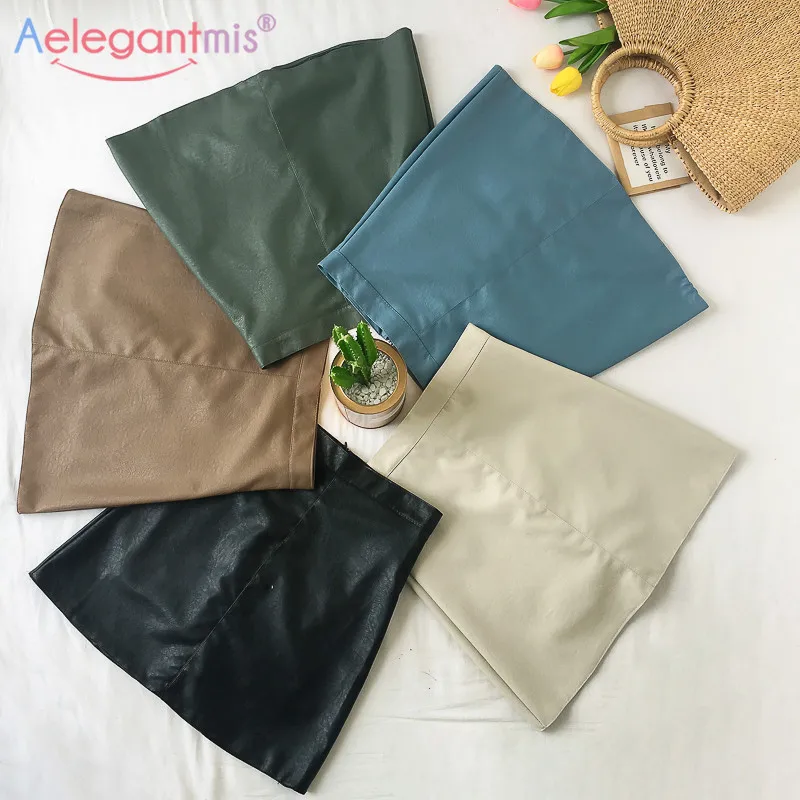 Aelegantmis, 5 цветов, искусственная кожа, юбки для женщин, а-силуэт, модная уличная мини-юбка, повседневная, элегантная, для школы, черный, зеленый, синий