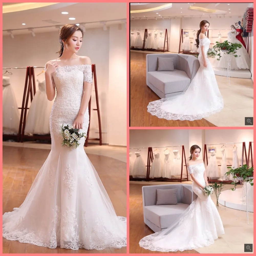 

Robe de mariage mermaid white lace appliques wedding dress off the shoulder short sleeve beaded wedding gowns free shipping 2019