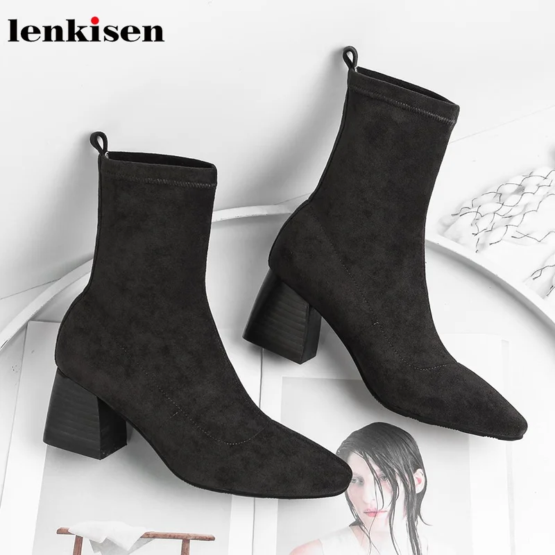 

Lenkisen hot solid vintage flock high heels square toe simple style gentlewomen keep warm mature fashion winter ankle boots L13