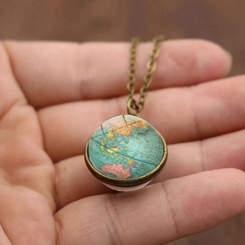 

New Globe Double Sided Necklace Planet Earth World Map Art Pendant Glass Cabochon Necklaces Hand Craft Jewelry Size 12/16/18mm