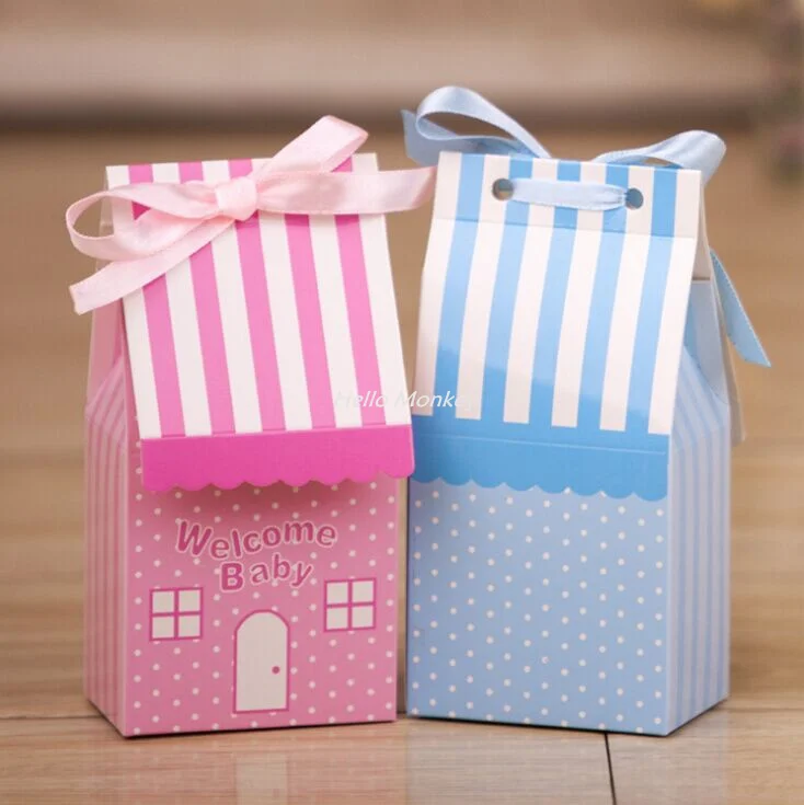 Image Free Shipping 20 pcs Pink   Blue Cute House Style Wedding Party Favors Welcome Baby Shower First Birthday Gift Box Candy Boxes