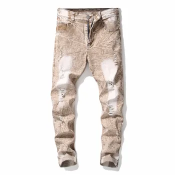 

Brand Men's Hole Ripped Jeans Distressed Slim Elastic Denim Straight Pencil Pants Light Gray Khaki Plus size 38 40 42