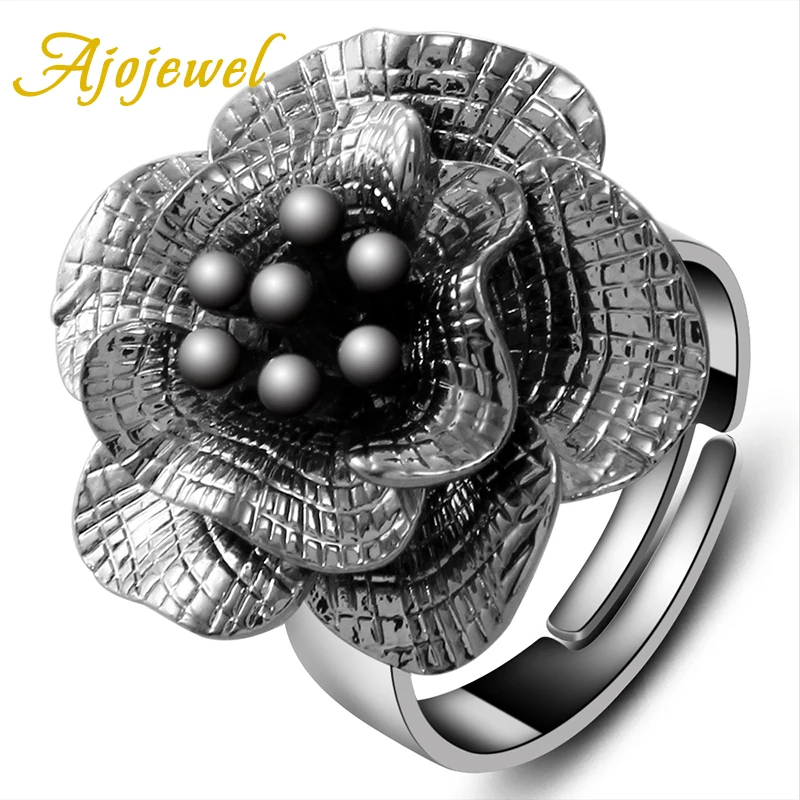 Ajojewel Brand Vintage Female Jewelry Gun Black Big Flower Shaped Open Ring Women Fashion